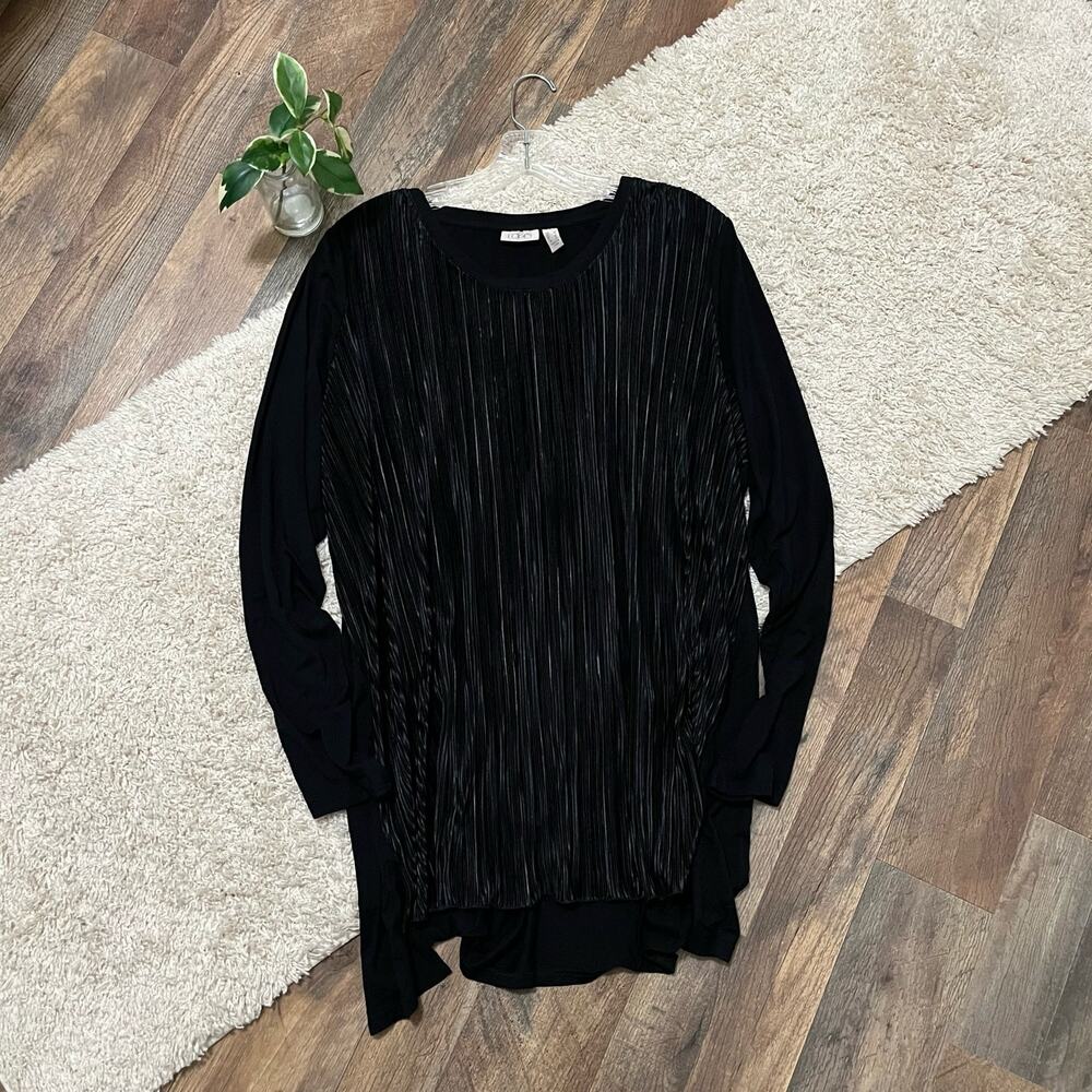 LOGO by Lori Goldstein Large Black Plisse Mixed Media High Low Hem Tunic Top